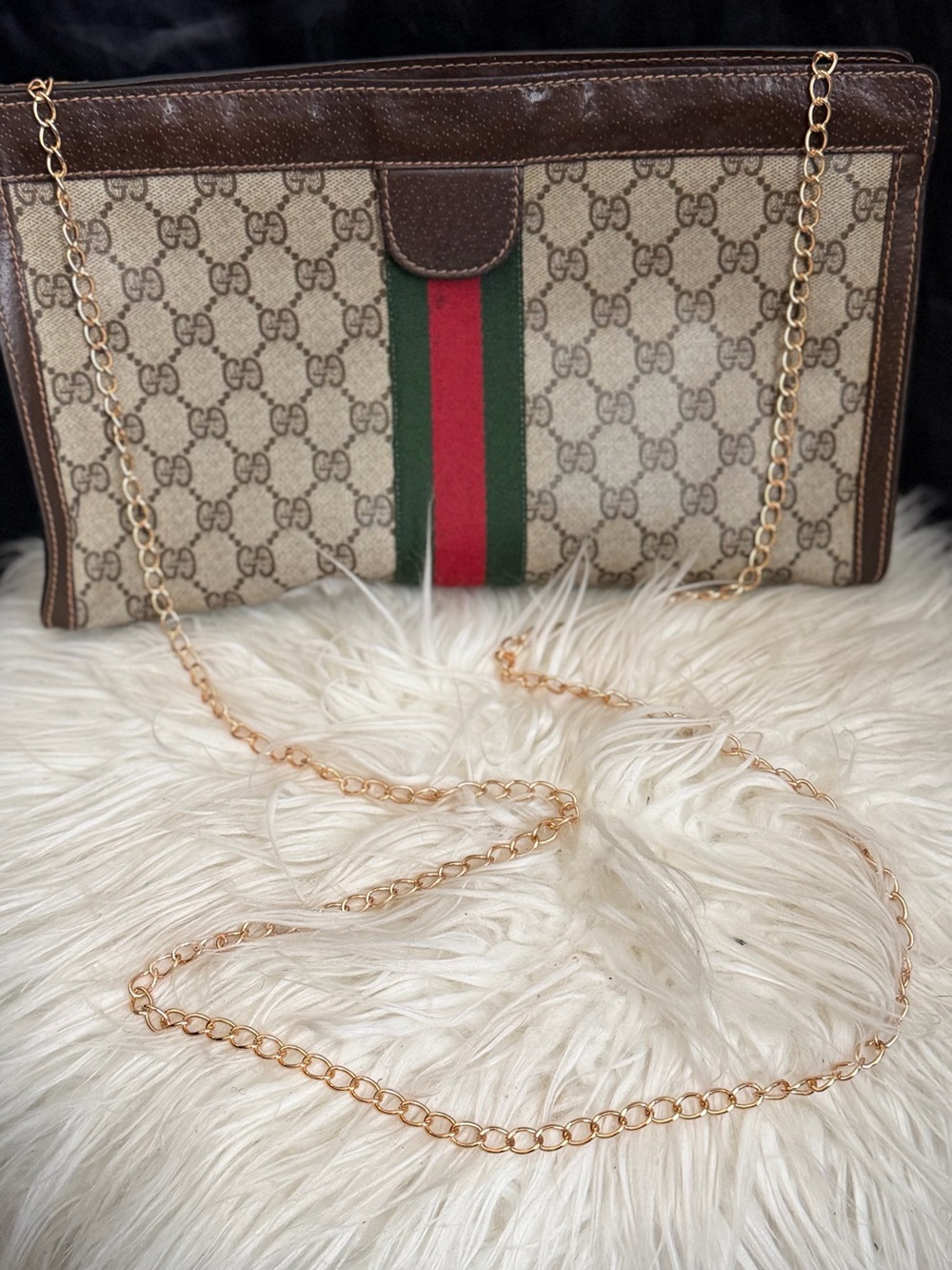 Gucci Brown Canvas Web Stripe Chain Shoulder Bag